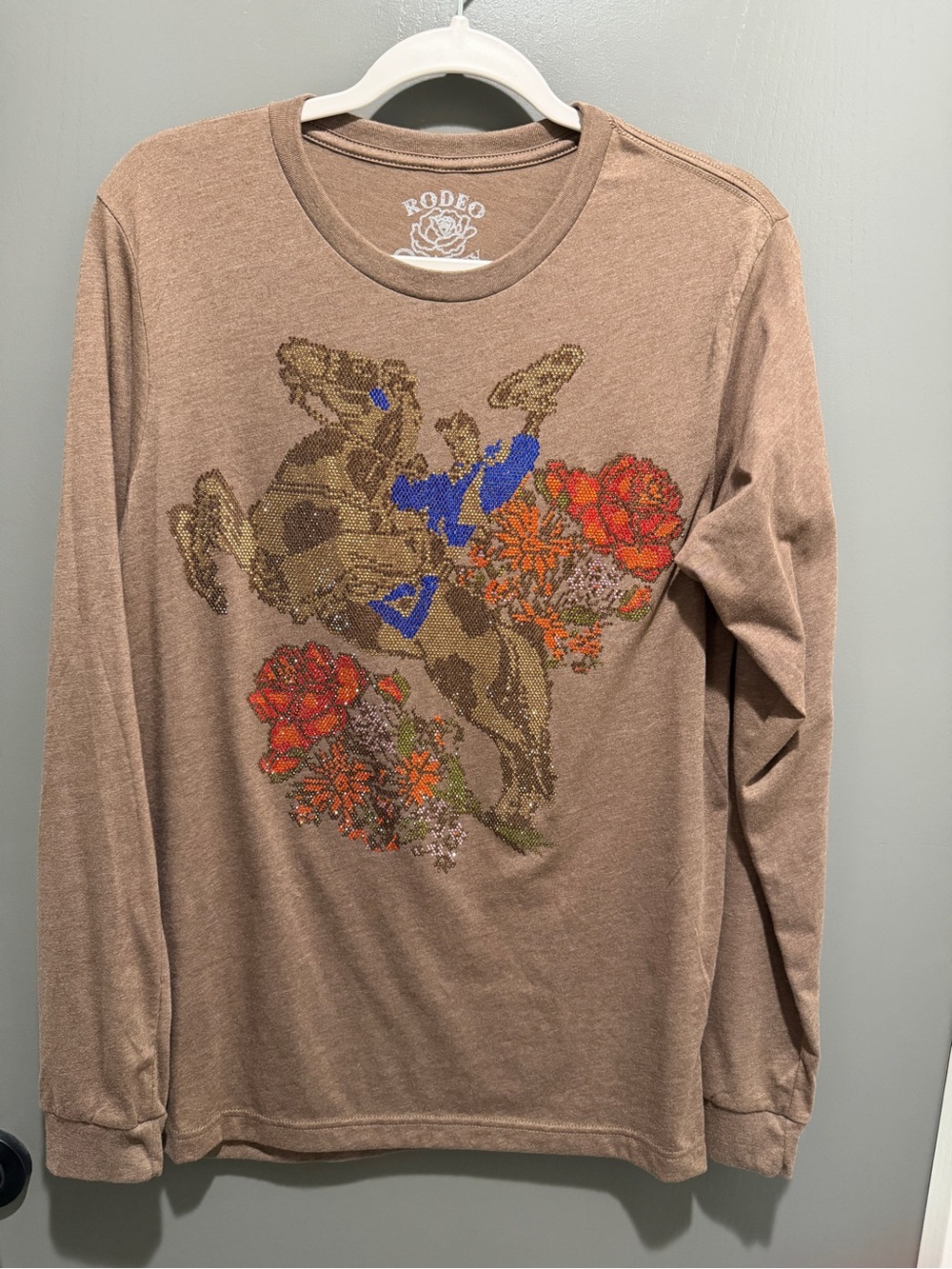 Rodeo Quincy Graphic Long Sleeve Tee - Brown with Orange & Blue Floral Design